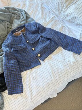 Zara Cropped Navy Blue Tweed Jacket with Gold Buttons S